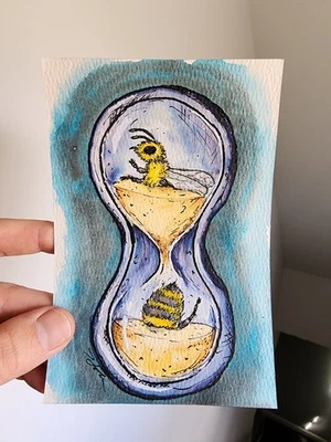 Original Bee in Hourglass Watercolor Ink Art 4x6 Signed One of One - Image 1 of 4