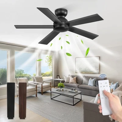 42 Inch Flush Mount Ceiling Fans without Lights, Small Black Ceiling Fan with Re - Image 1 of 4