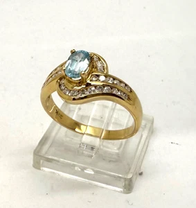 Blue Topaz & Diamond 14k Yellow Gold Ring - Size 7 3/4 - Picture 1 of 8