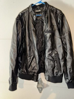 Members Only Men’s Black Size Large Faux Leather Jacket  Black Bomber Coat  - Image 1 of 4