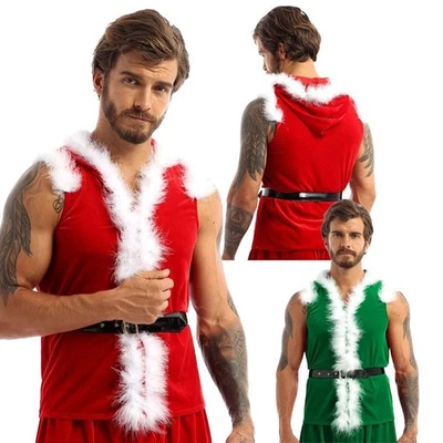 UK Men's Christmas Santa Claus Costume Sleeveless Velvet Coat Hooded Vest +Belt