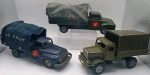 Vintage Linemar Army & Navy Tin Friction Works Japan 8" Lot Of 3 - Picture 1 of 24
