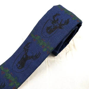 Vintage ROOSTER Blue 100% Cotton Square End Tie DEER ELK STAG Print Skinny 1960s - Picture 1 of 11