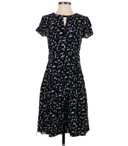 Talbots S 6 Black Gray Printed Midi Dress Cap Sleeve Keyhole Front Classic - Picture 1 of 8