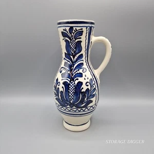Vintage Korond Transylvania Folk Art Pottery Jug 9" Tall, White & Blue, Floral - Picture 1 of 11