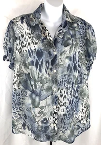 Alfred Dunner Gauzy crepe top 16W blue gray leopard short sleeve collar lined - Picture 1 of 5