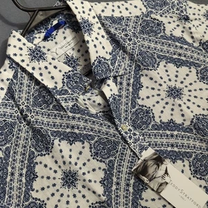 Teddy Stratford Shirt Men's 6 (XXL) Blue White Bandana Print Linen Zip Fit NWT - Picture 1 of 14