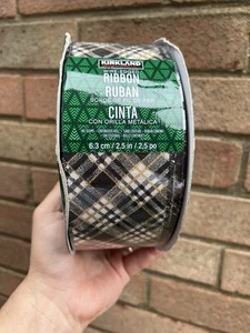 Kirkland Wire-Edged Ribbon 45.7m x 6.3cm Black Grey Gold Tartan - Picture 1 of 4