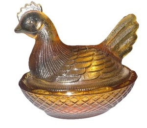 VINTAGE LE SMITH $ Small HEN ON NEST AMBER GLASS SALT CELLAR #38 Salt Dip *READ* - Picture 1 of 24