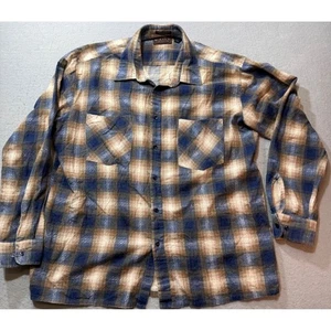 McRae's Vintage Flannel Plaid Shirt Mens L 16-16 1/2 Tan Blue Long Sleeve - Picture 1 of 6