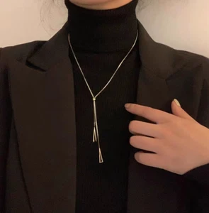 Silver Titanium Double Tassel Triangle Pendant Adjustable Long Chain Necklace - Picture 1 of 2