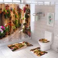 4Pcs European Garden Lane Bathroom Shower Curtain Rug Bath Mat Toilet Lid Cover