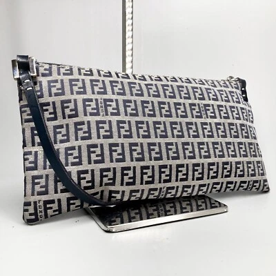 FENDI Zucchino Shoulder Bag Accessory Pouch Gray Navy Canvas Leather In Stock - Image 1 of 4