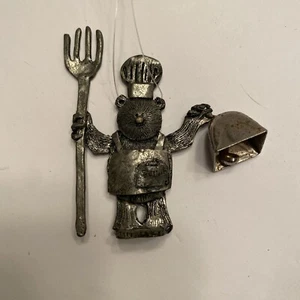 Vintage Teddy Chef Bear 1993 Holding Fork And BELL Silver Pewter Hand Made Art - Picture 1 of 7