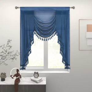 Navy Blue Waterfall Sheer Window Valances for Living Room Decor Tassels Swag Cur - Picture 1 of 12