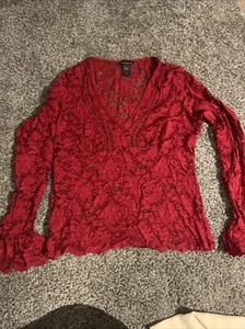 Y2K Moda International Victorias Secret Red Lace V-Neck Long Sleeve Top Size XL - Picture 1 of 3