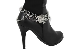 Women Silver Chain Bracelet Boot Western Shoe Bling Anklet Skeleton Charm Skull - Picture 1 of 12