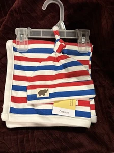 New Baby Boy Girl First Hello Cuddle Box Blanket & Top Knot Cap Red White Blue - Picture 1 of 3