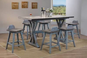 Kings Brand Arland Grey/Blue 7-Piece Counter Height Dining Set, Table & 6 Stools - Picture 1 of 5