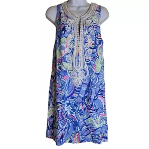 Lilly Pulitzer Carlotta Stretch Etuikleid Gr. 8 Blau Print Weiß Stickerei - Bild 1 von 6