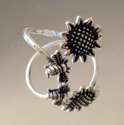 Sterling Silver Bumble Bee Hovering Over Sunflower Ring Garden Band Ring - Image 1 of 4
