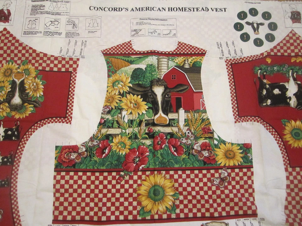 Concord's American Homestead Vest Cotton Sew Fabric Panel Fits S-XL Farm - Image 1 of 4