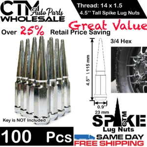 100PC 4.5" TALL CHROME 14X1.5 ONE PIECE SOLID SPIKE LUG NUTS WHOLESALE SAVING - Picture 1 of 2