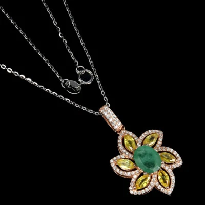 925 Sterling Silver Oval Emerald 9x7mm Sapphire Simulated Cz Necklace - Image 1 of 4