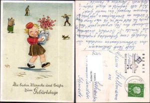 724911 Künstler AK Geburtstag Bote mit Blumen Karte - Bild 1 von 1
