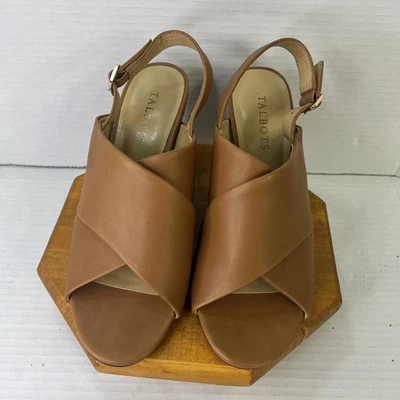 Talbots Size 8 Open Toe Sandals Chunky Block Heel Brown Leather Slingback - Image 1 of 4