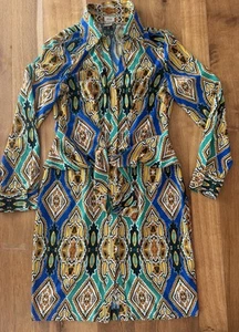 Cache Size 6 colorful geometric print long sleeve button-up tie front dress - Picture 1 of 15