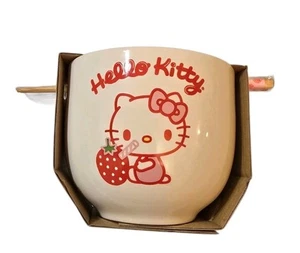 Hello Kitty With A Strawberry Sanrio Ceramic Noodles Bowl w/ Chopsticks 20oz New - Picture 1 of 5
