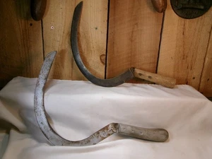 Lot of 2 Antique Hand Sickle Scythe Farm Tools with Wood Handles - Picture 1 of 4