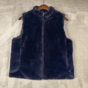 J Crew Navy Blue Faux Fur Front Zipper Vest Women’s Size Large - Picture 1 of 9
