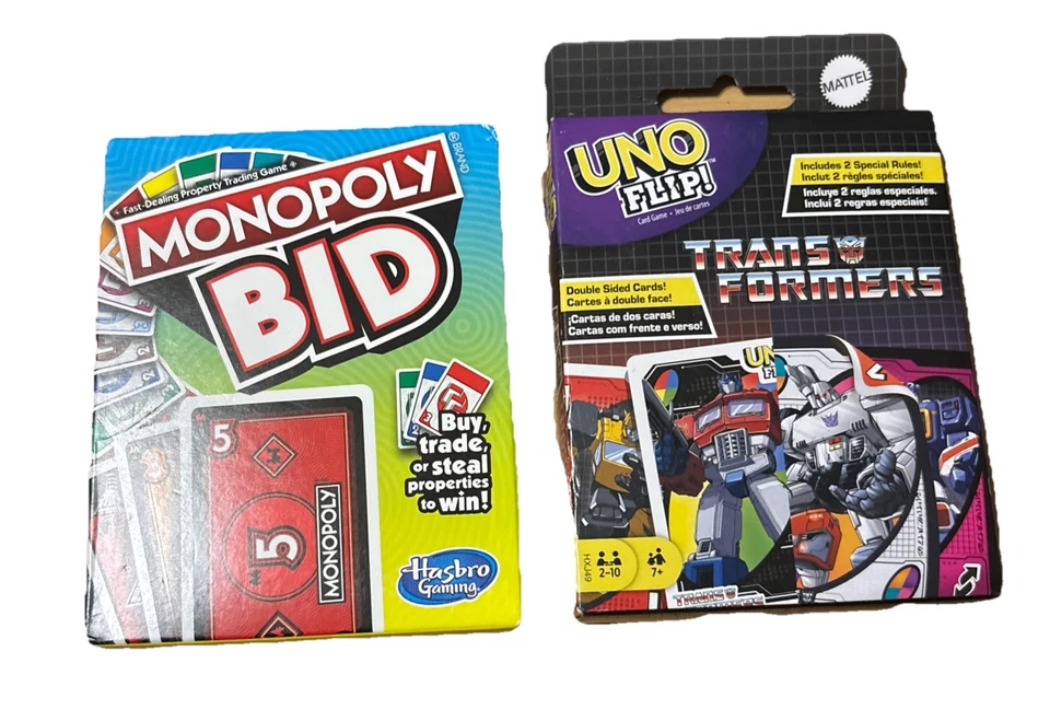 Mattel Games UNO Flip Transformers y Monopoly Bid Juegos de Cartas Nuevos Foto 1 de 4