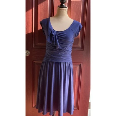 Garnet Hill Piazza Jersey Dress XS Indigo Blue Midi Wrap Asymmetric Ruffle Ruche - Image 1 of 4