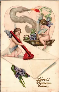 VALENTINE'S DAY - CHERUBS SEAL LOVE LETTER - EMBOSSED HOLIDAY POSTCARD - Picture 1 of 2