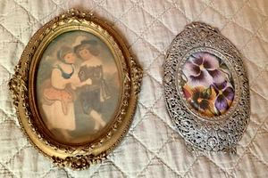 2 Vintage Mini Ornate Frames (1) Pewter Bubble Glass (2) Wooden Romantic Couple - Picture 1 of 8