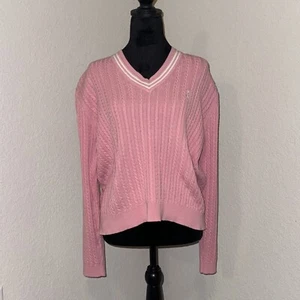 Izod Sweater Women's Large Pink Cable Knitted Long Sleeve V-Neck Preppy Pullover - Picture 1 of 11