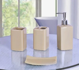  NEW 4PC BATHROOM SET BATH CERAMIC ACCESSORIES SOLID COLORS LUXURY DESIGN DECOR  - Picture 1 of 18