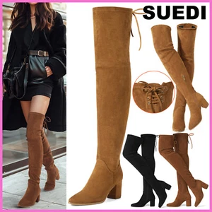 SUEDI Women's Over-The-Knee Boots Suede Tie & Zipper Block Heel Thigh High Boots - Picture 1 of 48