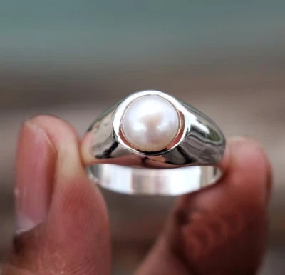 Anillo Perla Blanca Natural Anillo Plata Compromiso Cumpleaños Regalo Madre Para Ella Foto 1 de 3