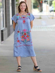 Mexican Embroidered Gingham Dress Handmade in Puebla S–2XL Blue Floral - Picture 1 of 7
