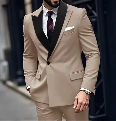 Elegantes Trajes de Hombre Gris Calce Ajustado Un Pecho Frente Plano 2 Piezas Chaqueta Pantalones Foto 1 de 4