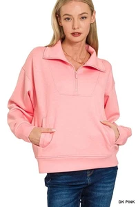Zenana Scuba Half Zip Sweatshirt with Pockets - Picture 1 of 4