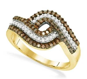 10K Yellow Gold Chocolate Brown & White Diamond Ring Open Twist Band .50ct  - Picture 1 of 2