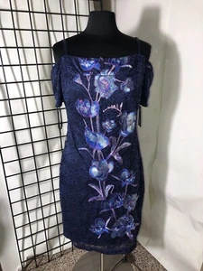 NWT GUESS Navy Floral Embroidered Knee Lace Bodycon Dress Size 16 - Picture 1 of 9