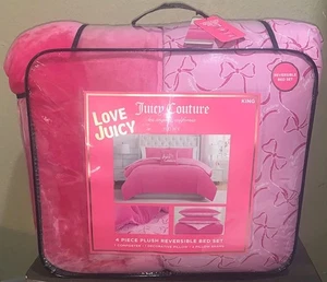 Juicy Couture KING Reversible Comforter Set Plush Hot Pink/Pink with Bows &Logos - Picture 1 of 6