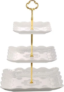 Sumerflos 3 Tier Porcelain Cupcake Stand, Tiered Serving Cake Stand, Square W... - Picture 1 of 2