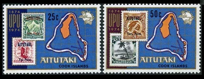 Aitutaki 102-103, 103a sheet, MNH. Mi 118-119,Bl.2. UPU-100,1974. Map,Bird,Palm. - Image 1 of 2
